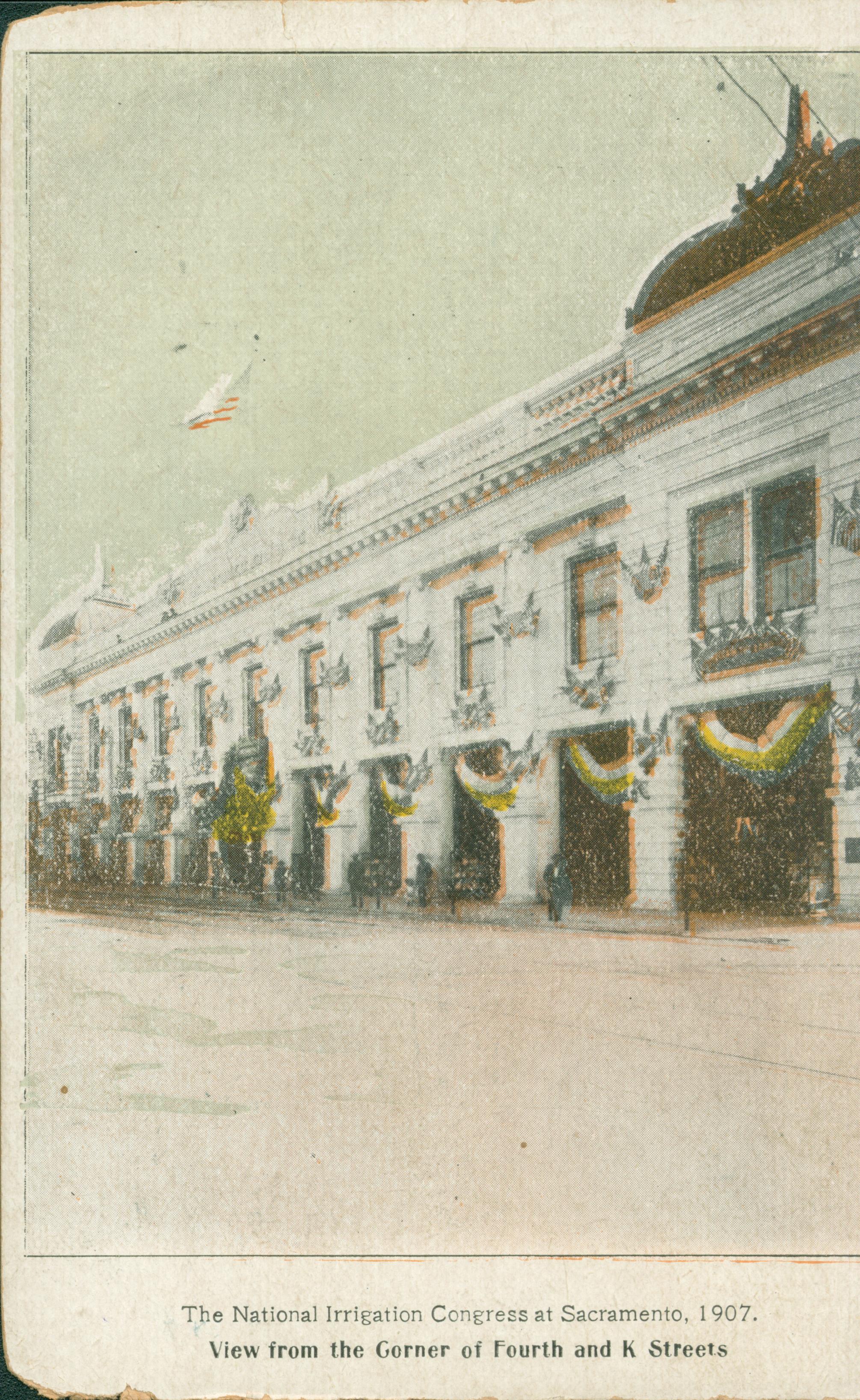 This postcard shows an exterior view of the Irrigation Palace in Sacramento.